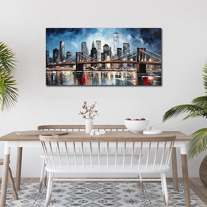 Brooklyn Bridge Wall Decor for Living Room City Canvas Wall Art for Office Blue and Black Bedroom Wall Art 24 x 48 Inch