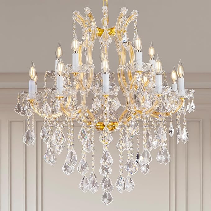 Crystal Chandelier for High Ceilings, Gold Chandelier, 15 Lights Modern Gold Crystal Chandeliers, Large Chandeliers for Staircase Foyer Entryway Living Room, 2 Layers