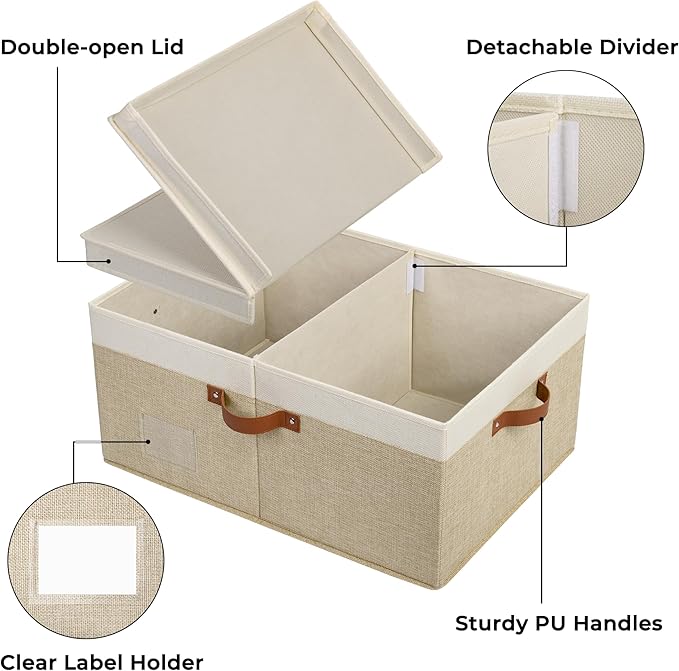 GRANNY SAYS Decorative Storage Boxes with Lid, Large Storage Bins with Double-Open Lid and Divider, Fabric Storage Bin for Clothes, 63L Closet Linen Storage Bin, White/Khaki