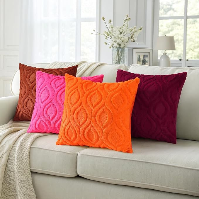 decorUhome Fall Throw Pillow Covers 26x26 Inch Set of 2, Soft Plush Decorative Faux Fur Hot Pink Solid Couch Pillow Covers, Accent Farmhouse Neutral Square Euro Pillow Cases for Sofa Bed Living Room
