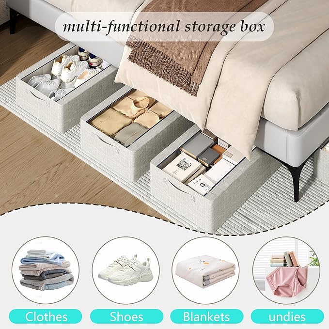 3PCS Under Bed Storage Bins with Metal Frame, Linen Fabric Frame Storage Box Clothes Organizer Bins, Underbed Container with Clear Window (Beige, 15.7 x 13 x 6IN)