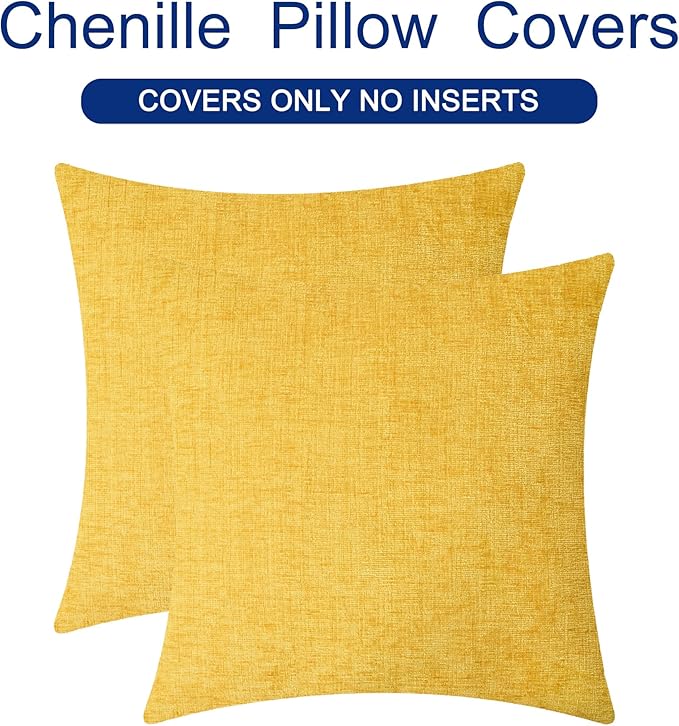 CaliTime Throw Pillow Covers Decorative 20 X 20 Inches Pack of 2 Cozy Chenille Cushion Cases for Couch Sofa Bed Living Room Home Mustard Yellow