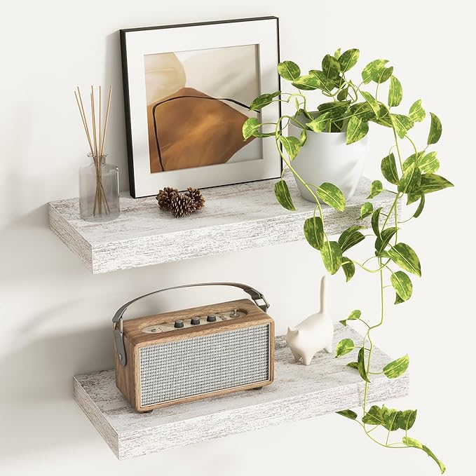 Fun Memories Deep Floating Shelves - 16" W x 9" D x 1.6" H Rustic Grey Wall Shelf - Wall Mounted Shelves for Storage - Wooden Shelves with Invisible Brackets for Living Room, Farmhouse - Set of 2