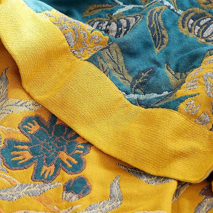 Boho Muslin Blanket for Adults 4-Layer Gauze Twin Size Soft Cozy 100% Cotton Summer Cooling Blanket Floral Decor for Sofa Bed Coverlet Both Sides (Flowr Branch Teal, Twin 60 x 80 in)