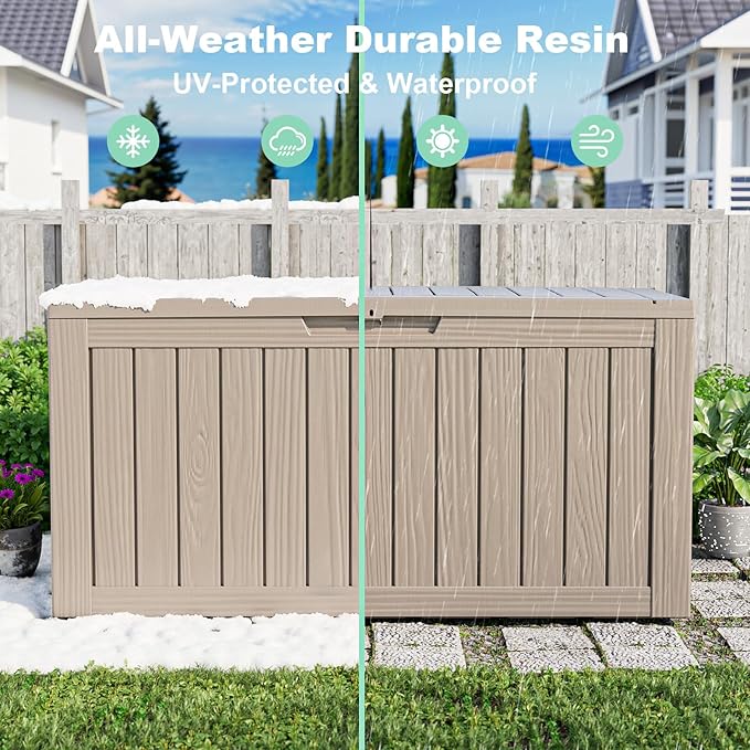 DRATO 75 Gallon Deck Box, Waterproof Resin Large Outdoor Storgae Box for Patio Furniture, Patio Cushions, Gardening Tools, Pool and Sports Supplies, Lockable