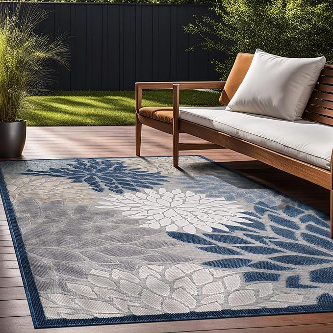 Beverly Rug Outdoor Rug 9x12 Large Modern Floral Tropical Area Rugs for Indoor and Outdoor Patio Easy to Clean Non Shedding Living Room Porch Garden Washable Outside Carpet (9 x 12 Blue)
