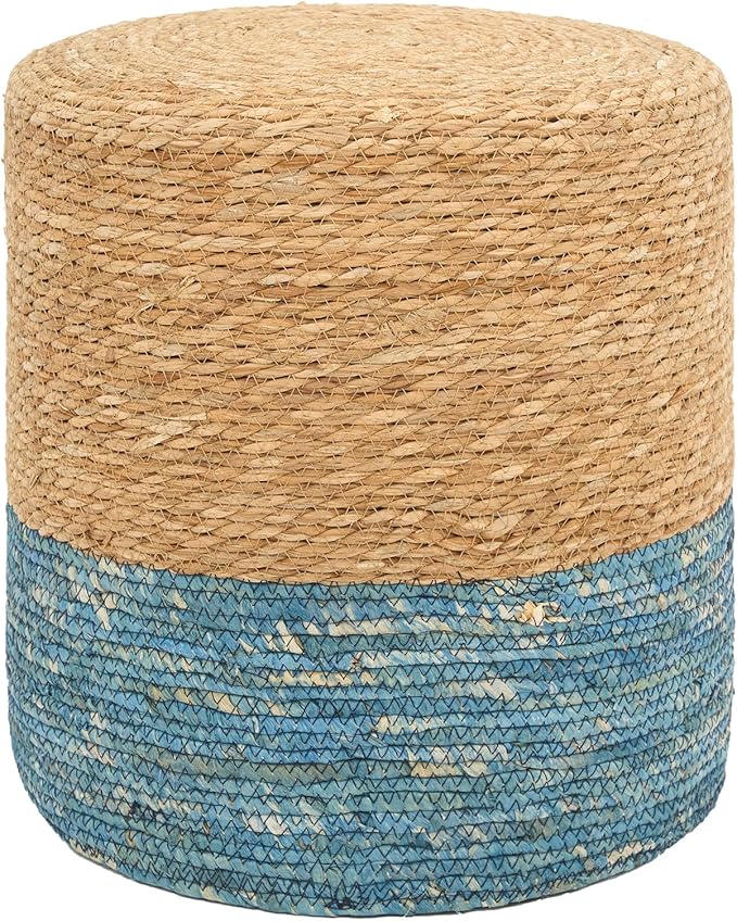 16'' Round Ottoman Natural Seagrass Braided Poof Hand Weaving Round Ottomans Boho Footrest Stool for Home Living Room Bedroom Patio(Natural&Blue)