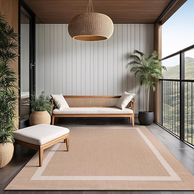 Bordered Outdoor Rug 6x9 Washable Outside Carpet for Indoor Patio Porch Waterproof Easy Cleaning Non Shedding Area Rugs Beige 6 x 9