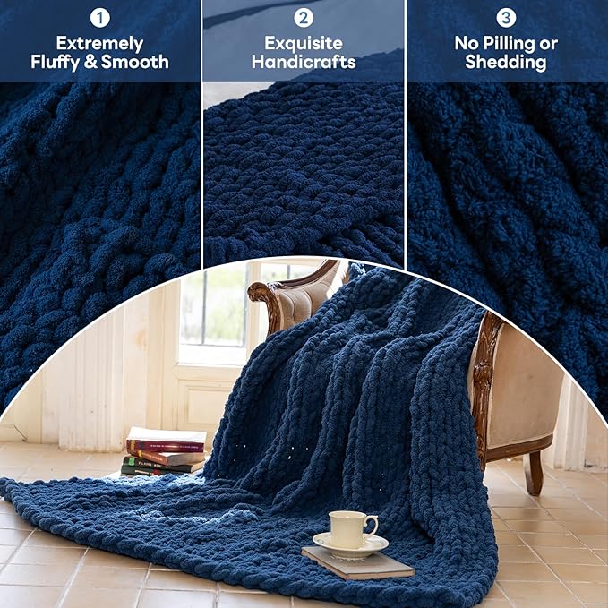 Chunky Knit Blanket - Luxury Soft Cozy 40 * 50 Throw Blanket,100% Woven Blanket Rope Knot Throw Blanket for Couch, Sofa, Home Decor, Gift - Machine Washable（Deep Blue）