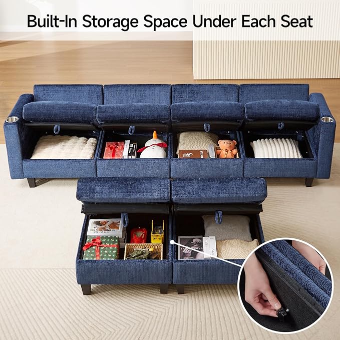 110" Modular Sectional Sofa, Convertible Sleeper Sofa Couch Bed with Adjustable Backrest, U-Shaped Chenille Cloud Couch with Ottoman Storage, Deep Seat Couches for Living Room,Blue