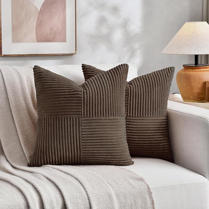 Fancy Homi 2 Packs Dark Brown Big Decorative Throw Pillow Covers 24x24 Inch for Living Room Couch Bed, Farmhouse Boho Home Decor, Soft Corss Corduroy Patchwork Accent Square Cushion Case 60x60 cm