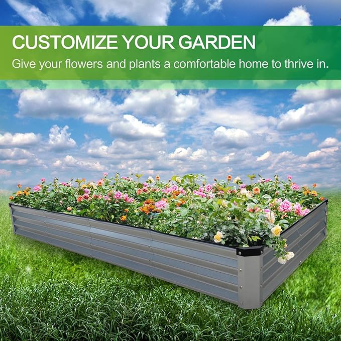 GARDMAX 8x4x1FT Galvanized Raised Garden Bed Kit, Metal Planter Boxes Outdoor with Easy Assembly, Large Garden Bed for Vegetables, Fruits, Flower, Herbs Rectangle Silver