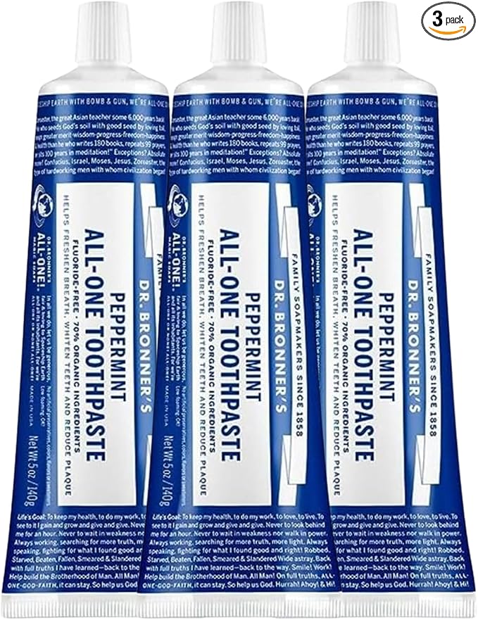 Dr. Bronner’s All-One Toothpaste Pack of 3– Peppermint, 5 oz– Fluoride-Free Toothpaste for Adults, SLS-Free, 70% Organic & Natural Ingredients, Vegan, Helps Freshen Breath & Reduce Plaque