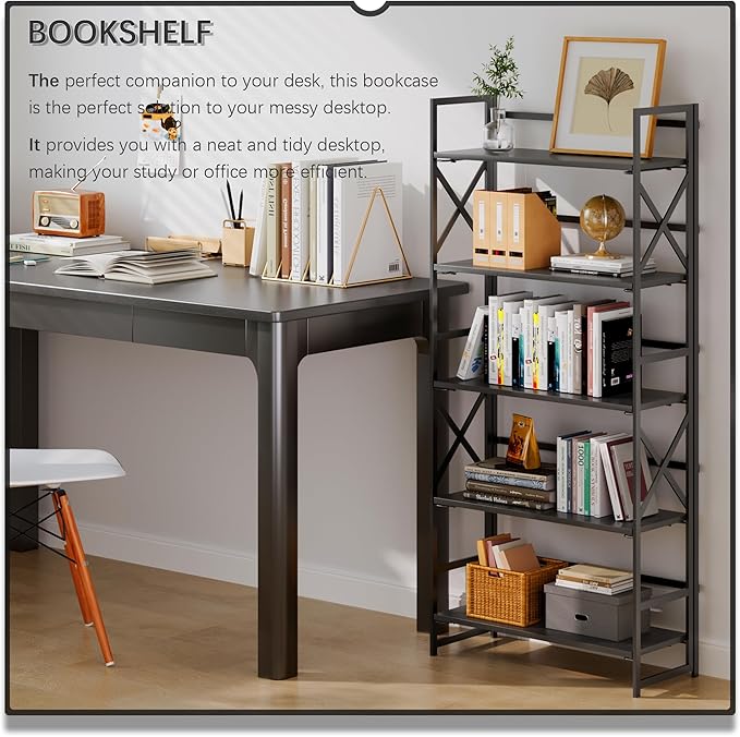 4NM 5 Tiers No Assembly Book Shelves, 51.2" H Folding Bookshelf Bookcase Open Industrial Foldable Shelves for Bedroom, Living Room, Home Office - All Black