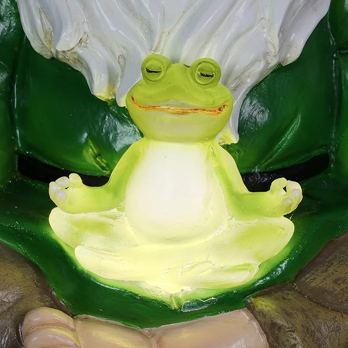Exhart Solar Light-Up Meditating Gnome Statue w/LED Frog, Durable Resin Garden Décor, 8”x6.5”x10.5”