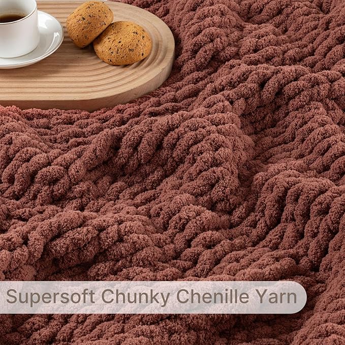 Chunky Knit Blanket Throw, 100% Hand Knit Throw Blanket Handmade Chenille Cable Knit Throw for Couch, Stylish Cozy Soft Rope Knot Crochet Blanket for Home Decor, Copper Brown, 50x60 Inches