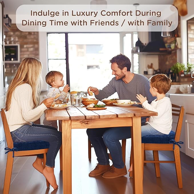 Codi Thick Kitchen Chair Cushions, Chair Pads for Indoor Dining Room 4 Pack - Washable, Non-Slip 3-Layer Seat Cushion with Ties, 16.5"x16.5"x 3.5", Set of 4, Navy