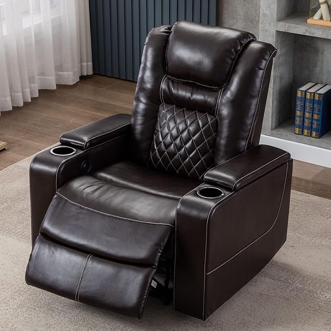 CANMOV Electric Power Recliner Chair with USB Ports and Cup Holders, Breathable Leather Home Theater Seating with Hidden Arm Storage (Brown)