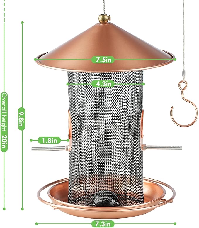 Bird Feeder for Outdoor, Metal Wild Bird Feeder Hanging Outside, 7.5" Copper Roof and 360 Degree Feeding Tray with 2 Extra Feeding Ports, 3 Lbs Bird Seeds Capacity