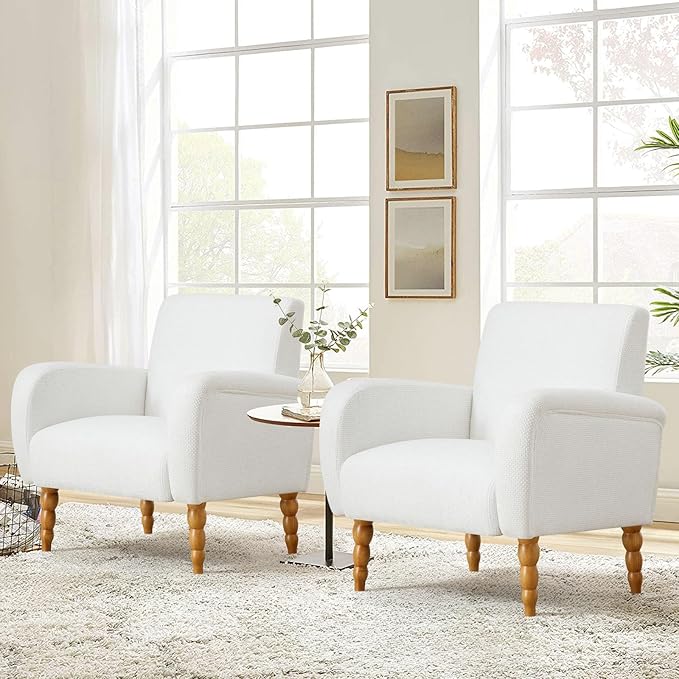 Chenille Fabric Accent Chairs Set of 2, Upholstered Armchair with Solid Wood Legs, Modern Living Room Accent Chair, Comfy Single Sofa Reading Club Chair for Bedroom Reception Lounge, White