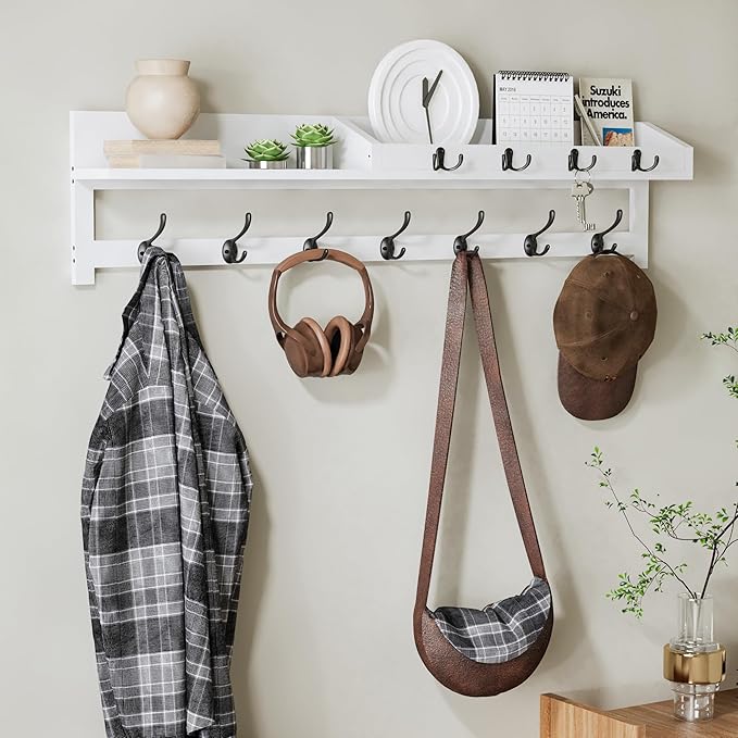 AMBIRD 35 inch Coat Rack Wall Mount, Extra Long Coat Hooks Wall Mount, Entryway Shelf with 7 Dual Coat Hooks 4 Key Hooks Mail Organizer, Wooden Wall Coat Rack with Hooks, Key Holder Rack (White)