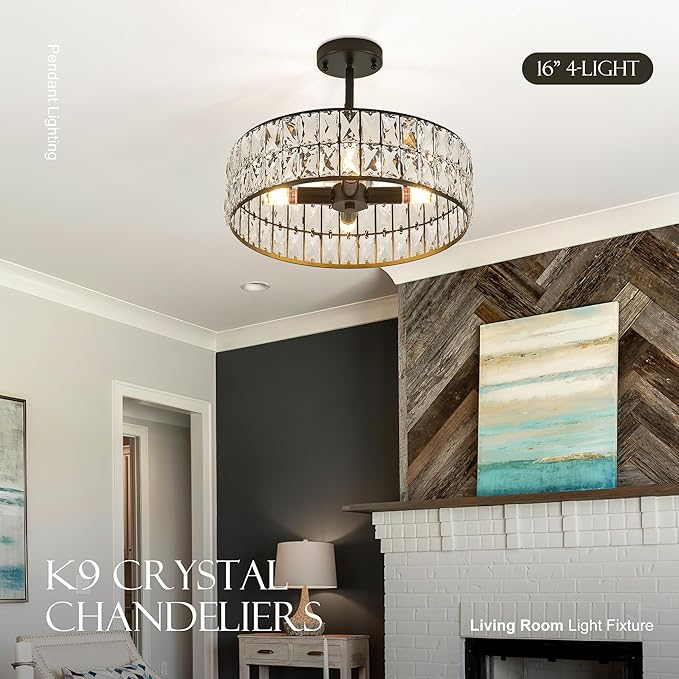 16” 4-Light Modern Crystal Chandeliers Black Dinning Room Light Fixture with Two Rods, Round Pendant Light Kitchen Island Chandelier, Flush Mount Ceiling Light for Living Room Entryway