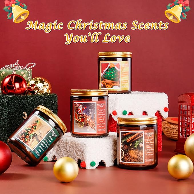 Christmas Candle Set | 4Pack Scented Candles Holiday Candle Gifts - Soy Candles Home Scented, Xmas Gift for Women and Men - Scents of Christmas Tree/Spice/Cookies/EVE