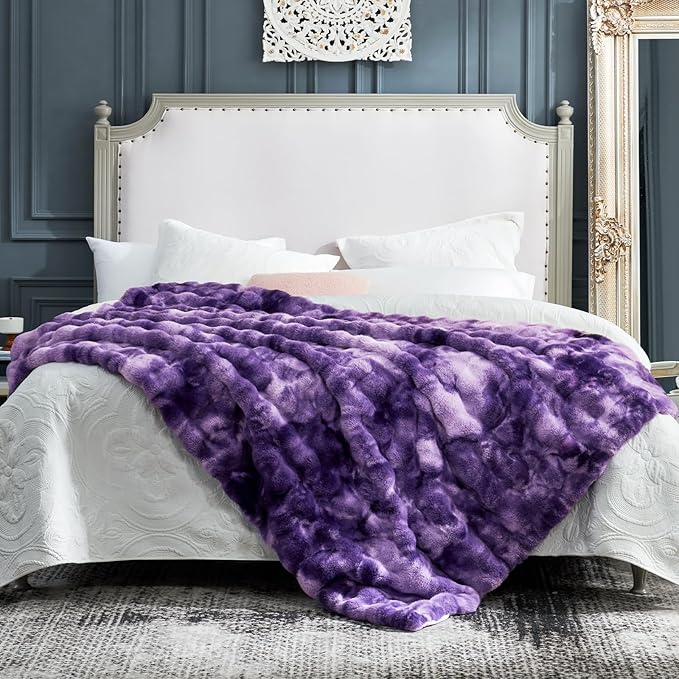 Cozy Bliss Faux Fur Throw Blanket for Couch, Fuzzy Soft Plush Thick Bubble Blanket for Sofa Bedroom Living Room, 60 * 80 Inches Tie-dye Purple