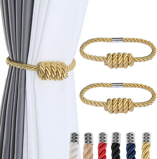 Fenghuangwu 2Pack Magnetic Curtain Tiebacks – Bohemian Style Handmade Woven Tie-Backs for Drapes,Elegant Exquisite Knot Holdbacks,Outdoor Boho & Modern Home Decor（Gold