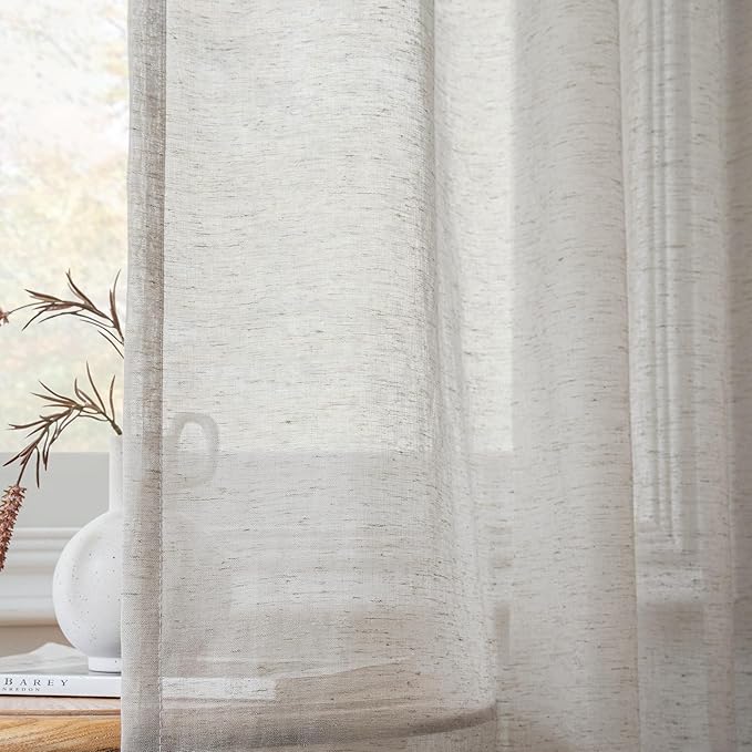 FMFUNCTEX Linen Sheer Curtains for Bedroom, Grey Curtains 96 inches Long for Living Room, Gray Farmhouse French Flax Blend Window Draperies, Rod Pocket 2 Panels Set