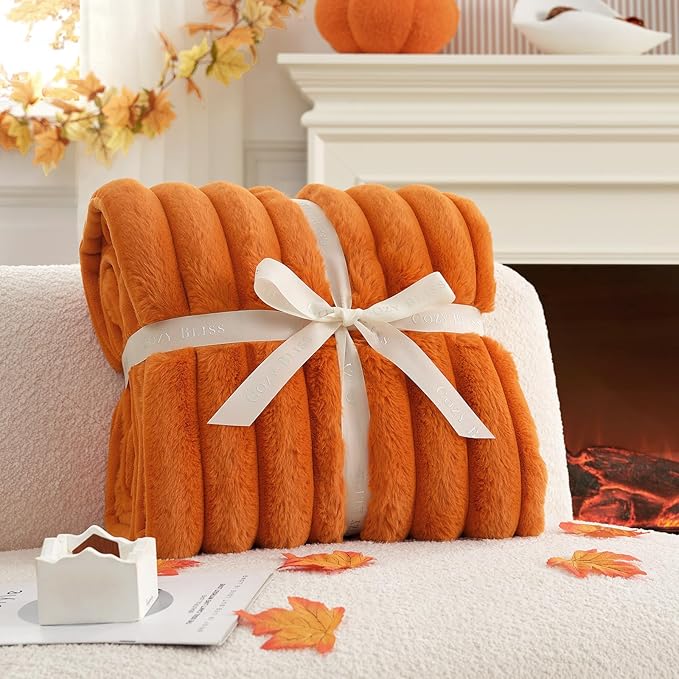 Cozy Bliss Fall Harvest Faux Fur Throw Blanket for Couch, Cozy Warm Plush Striped Blanket for for Decorating Couch Sofa Bedroom Living Room,50 * 60 Inches Burnt Orange