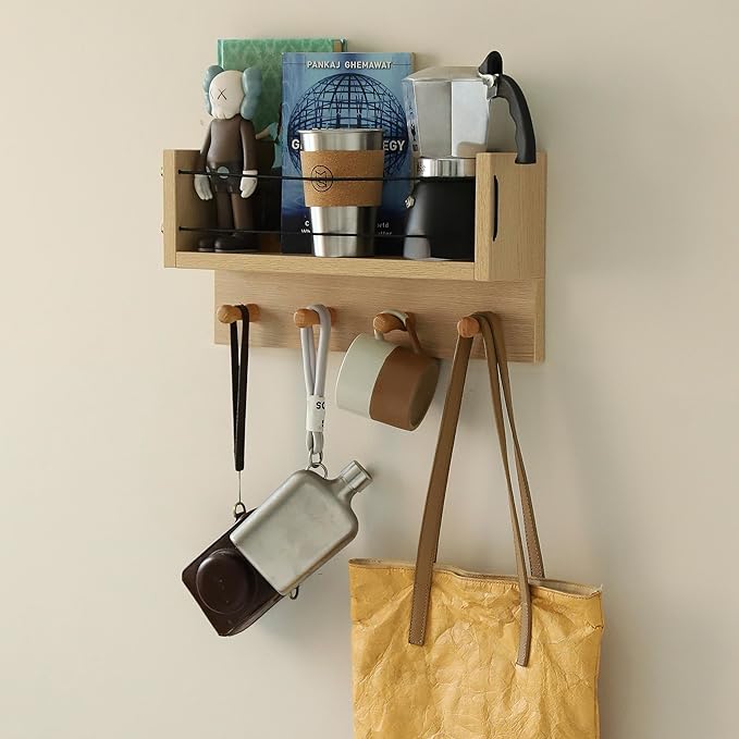 Entrance Coat Rack ，Coat Hooks, Wall-Mounted Wooden Hook Rack, Wall-Mounted Shelves are Very Suitable (Oak Colored Finish-A)