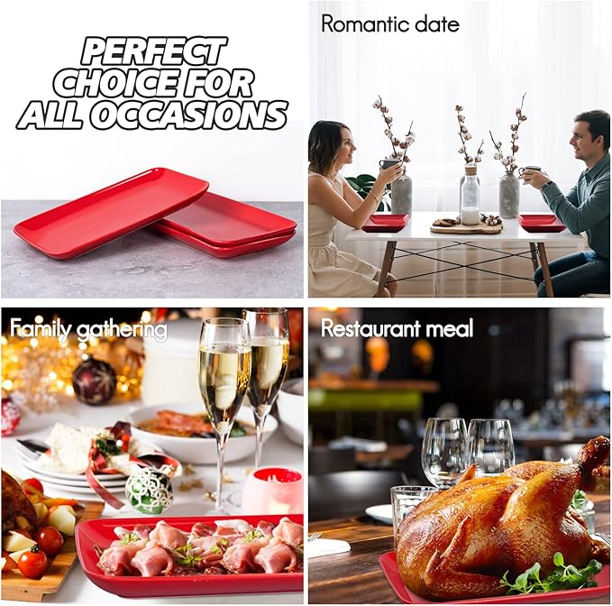 DELLING 3 Pack Rectangular Serving Platter and Trays, 12" Appetizer/Salad/Dessert Plates, Entertaining, Party, Romantic Date, Red