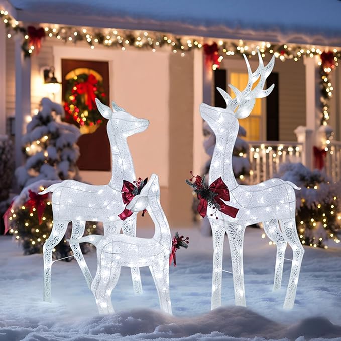 4.5FT Lighted Reindeer Family Set for Christmas Decoration, 3 Pieces Pre-Lit Iridescent Deer Xmas Decor with 200 LED Lights, 3D Glittered Standing Holiday Display for Outdoor, Indoor, White