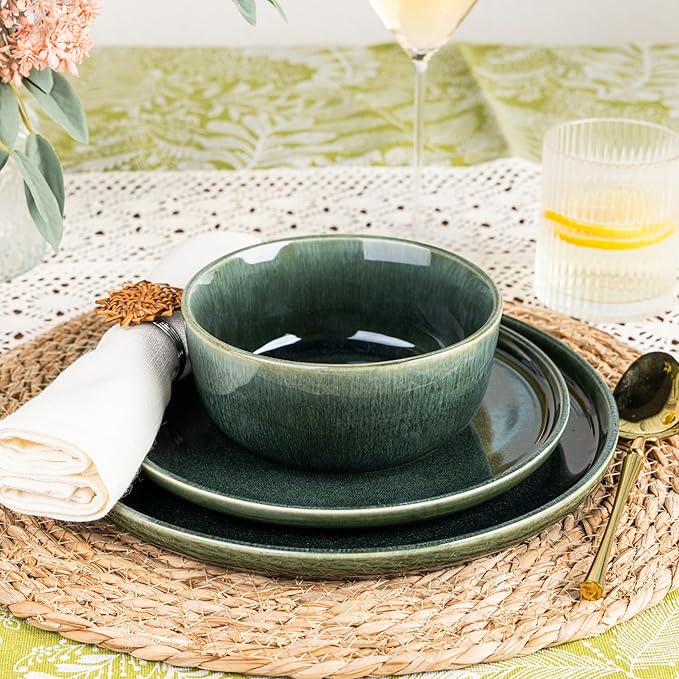 GBHOME Ceramic Dinnerware Sets for 8, 24 Pieces Stoneware Plates and Bowls Sets, Reactive Glaze Dishes -Scratch Resistant, Dishwasher&Microwave Safe, Earth Green