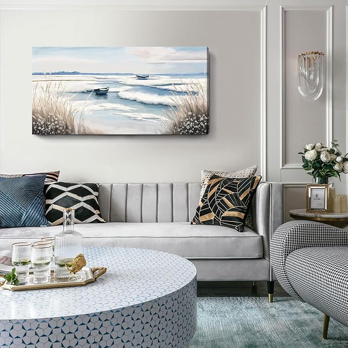 amatop Large Canvas Art Wall Decor for Bedroom Living Room –Rustic Coastal Ocean Artwork for Walls with Sailboat and Waves – Blue and White Nautical Beach Seascape Canvas Print 48x24 Inch