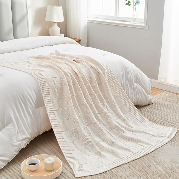 CozeCube Check Knit Throw Blanket, Cream White Checkered Throw for Couch, Decorative Christmas Soft Cozy Warm Knitted Blanket for Bed Sofa Living Room, 60"X80"