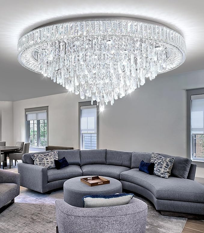 Crystal Chandeliers Modern LED Dimmable Flush Mount Ceiling Chandeliers for Living Room High Ceiling Entrance Foyer Bedroom Dining Room
