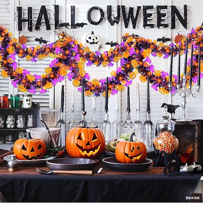 50 Ft Halloween Tinsel Garlands,Funny Pumpkin Purple Bats Shiny Metallic Twist Foil Tinsel Garland Hanging Holiday Decorations for Home Indoor Outdoor Festivities Party Decor