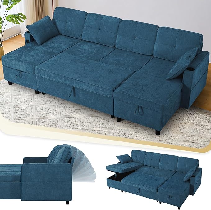 110 Inches Chenille Sectional Sofa w/Pull Out Sofa Bed & Adjustable Back, Tufted U Shaped Couch w/Two Storage Chaises, Sleeper Sectional Sofa w/USB Port & Cup Holders for Living Room, Blue