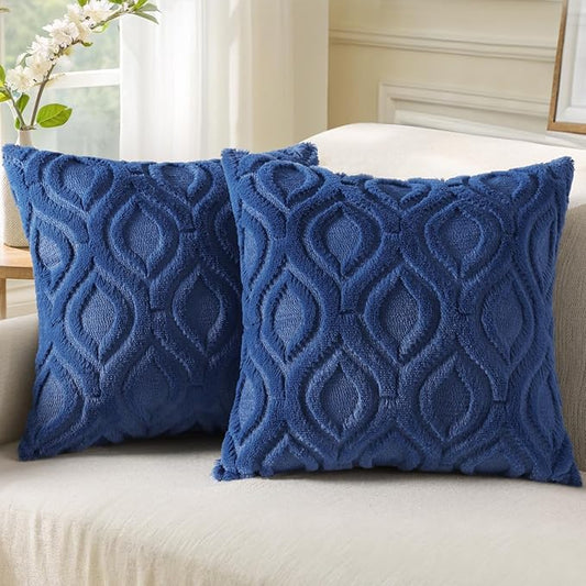 decorUhome Fall Throw Pillow Covers 20x20 Inch Set of 2, Soft Plush Decorative Faux Fur Dark Blue Solid Couch Pillow Covers, Accent Farmhouse Neutral Square Euro Pillow Cases for Sofa Bed Living Room