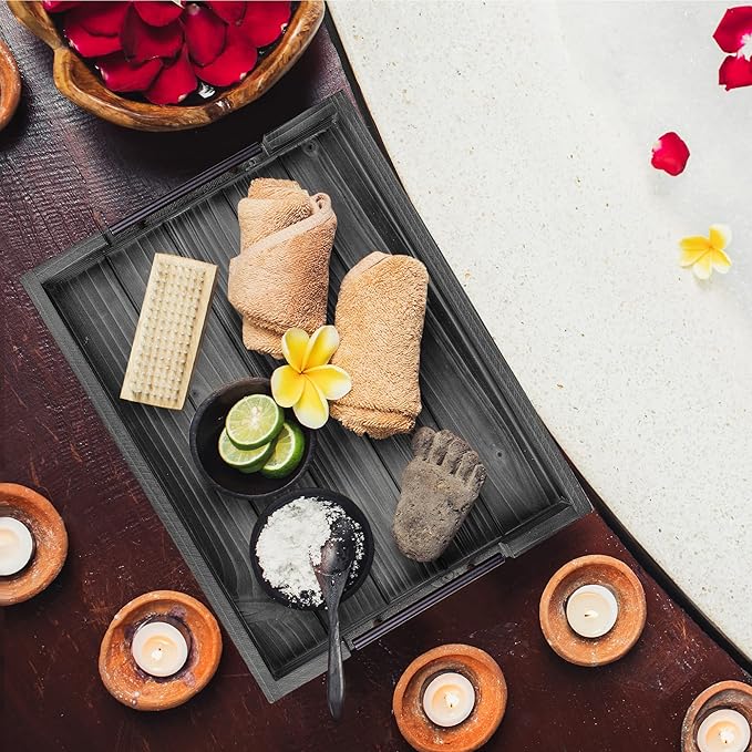 Dark Grey Coffee Table Decorative Serving Tray with Handles & 4 Coasters - 17x13 Inch Wood Tray for Ottoman, Breakfast, Wooden Tray