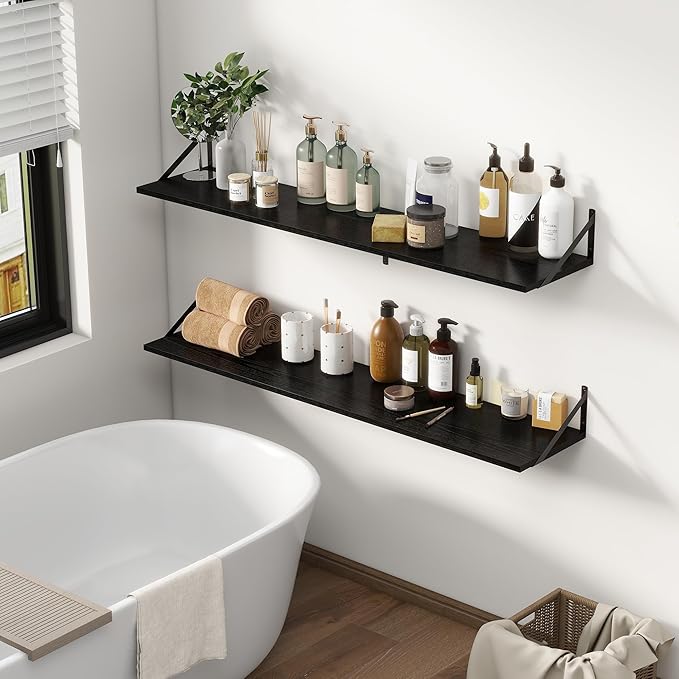 Fun Memories Deep Floating Shelves, 55W x 12D Floating Shelves for Wall, Wood Black Floating Shelf with Bracket, Wide Display & Storage Wall Shelves for Living Room, Bedroom,