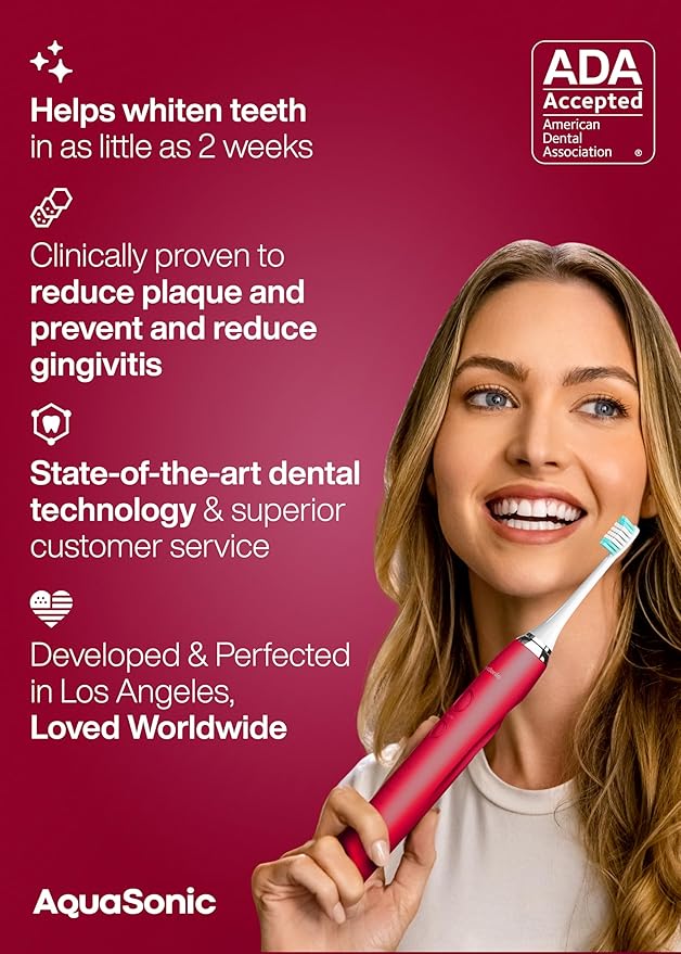 Aquasonic Vibe Series Ultra-Whitening Toothbrush – ADA Accepted Electric Toothbrush - 8 Brush Heads & Travel Case – 40,000 VPM Motor & Wireless Charging - 4 Modes w Smart Timer – Ruby