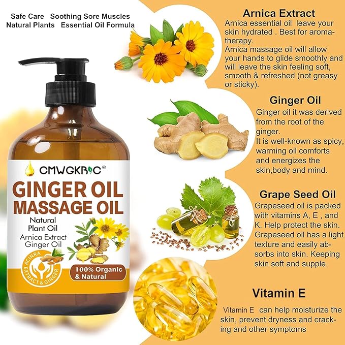 Ginger Oil,Ginger Massage Oil for Lymphatic Drainage,Natural Body Oil for Skin,Arnica Oil,Sore Muslce Massage Oil,Spa Ginger Oil-Warming and Relaxing for Mothers Day Gifts&Fathers Day Gift