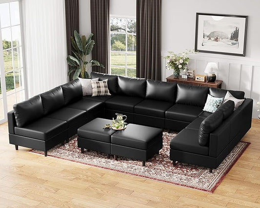 ABCASA Oversized 145.5" Faux Leather Modular Sectional Sofa, Modern Large 12 Seater U Shaped Couch with Storage Seat with Reversible Chaise Deep Seat for Living Room DIY Combination - Black