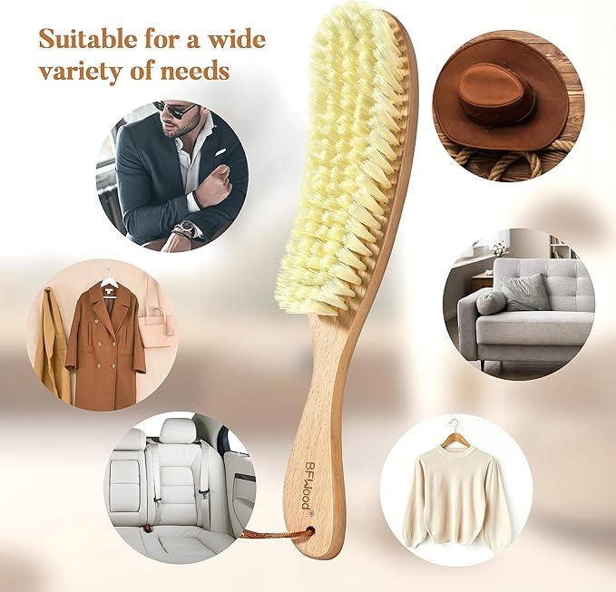 BFWood Clothes Brush - Bristle Lint Brush for Suits, Cashmere, Wool, Velvet, Suede and Pet Hair - Large Beech Wood Handle