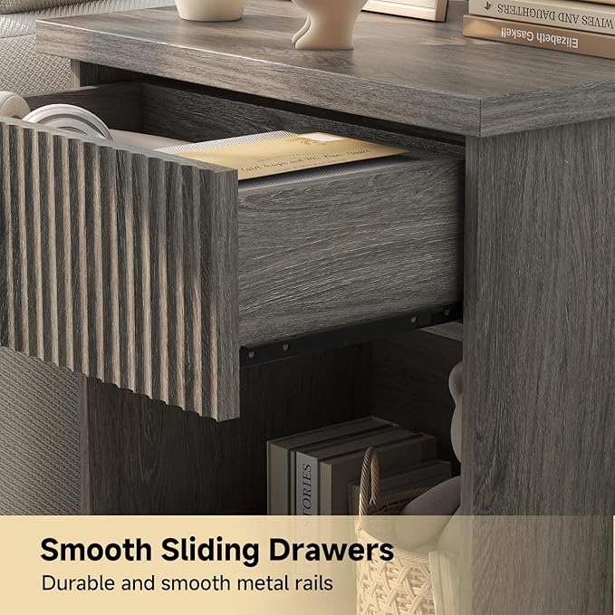 Fluted Nightstand, 22.8" Wide Nightstands with Drawer Storage Large Wood BedsideTable Night Stand for Bedroom, Grey Oak