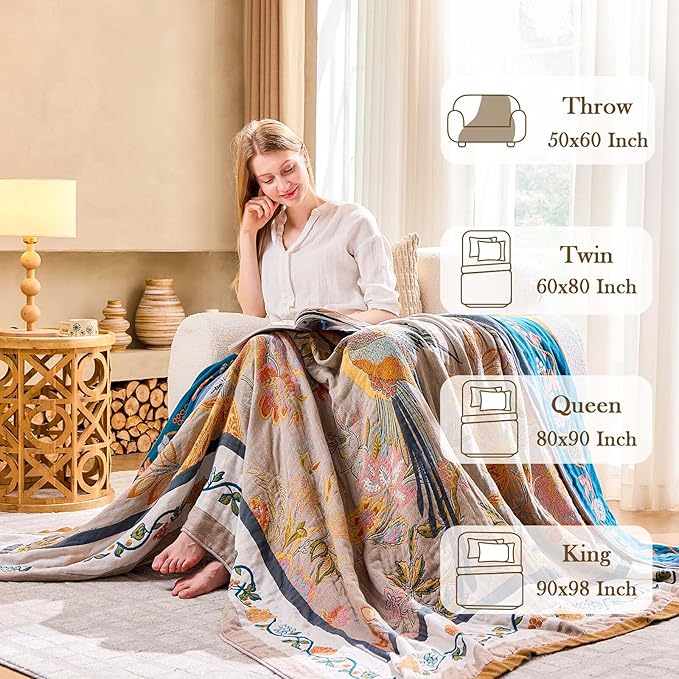 Boho Blanket, 100% Cotton Farmhouse Decorative Throw Blanket, 50"x60" Reversible Bohemian Throw Blanket, Brown All Season Muslin Breathable Woven Blankets Quilt