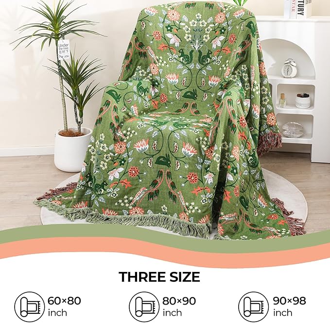 Boho Throw Blanket 80"x90", 100% Cotton Ultra Soft Luxury Throw for Couch and Sofa Blankets Home Decor, All Season Florals and Animals Throw Reversible Breathable Cozy Blankets